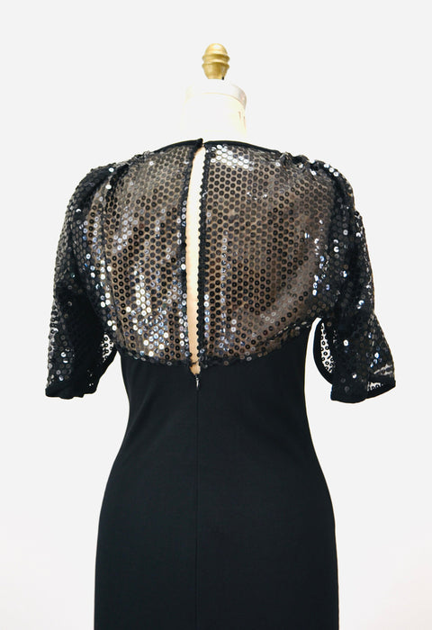 70s 80s Vintage Black Sequin Dress Gerald Franklin Small Medium// 70s 80s Black Sequin Dress Black Knit 70s Disco Cocktail Body Con Dress