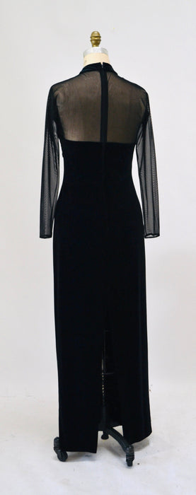 90s Vintage Black Velvet Prom Dress Illusion Dress Medium// Black Body Con 90s Prom Dress Bondage Dress Medium Sheer Sleeve long Black Dress