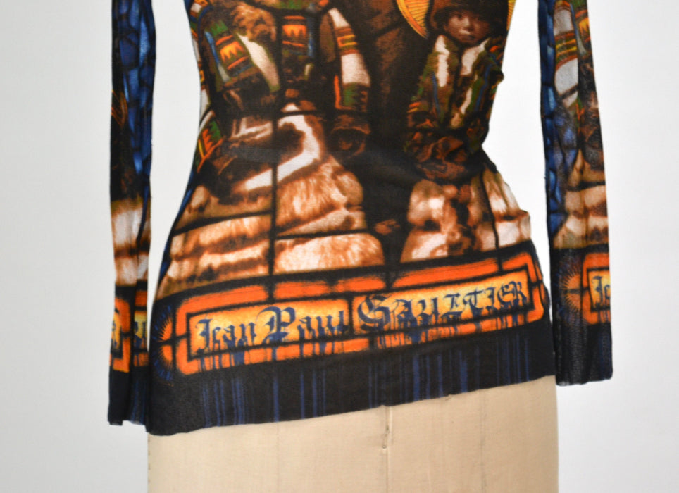 90s Jean Paul Gaultier Mesh Shirt long sleeve Sheer Stained Glass Mesh Native American Top Mesh Sheer Shirt Fashion top Jean Paul Gaultier