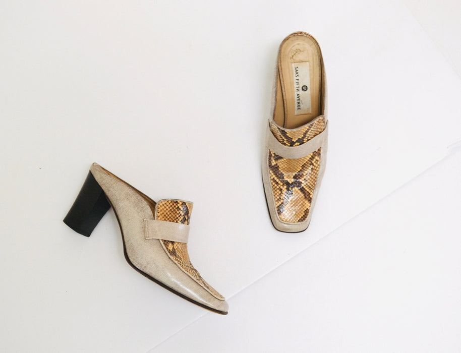 90s 00s Y2K Vintage Snake Skin Leather Slides High Heel Loafers Shoes 7 1/2 Vintage Tan Snake Skin High Heel Shoes Mules Saks Fifth Avenue