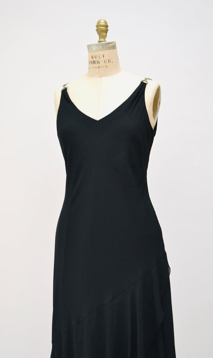 Vintage 00s Y2K Bias Cut Black Dress Black Chiffon Tank Dress Medium Large// 90s Black Tank Slip prom Bias cut Dress Medium Large