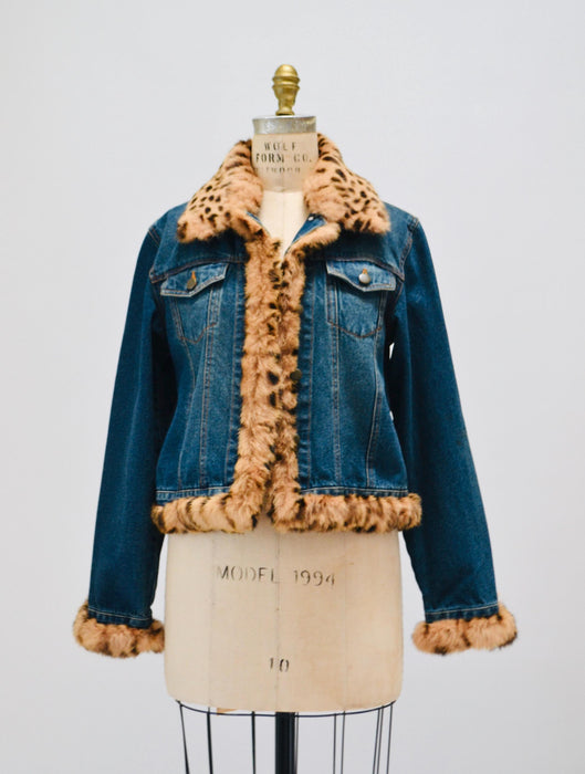 90s y2k Vintage Fur Trim Denim Jacket Leopard Print Fur Collar Jean Jacket 90s Y2k Jean Jacket Animal Leopard Print Fur Denim Jacket Medium
