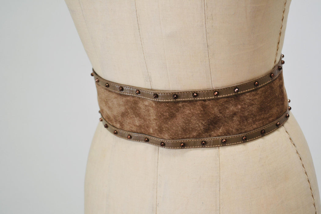 80s 90s Vintage Taupe Brown Sueded Leather Belt Size Small Medium Large Brown Taupe Rockstar Studded Glam Adjustable Bow Belt Large 27-54"
