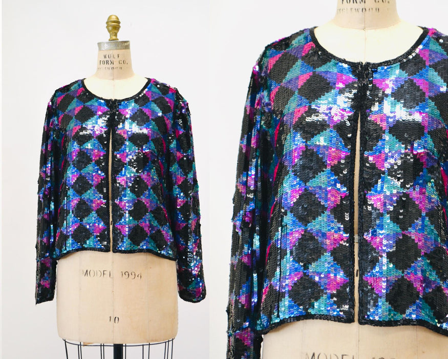 Vintage Sequin Jacket Black Silver Metallic Checker Plaid Small Medium// Vintage Sequin Jacket Blazer Silver Black Checkered Sequin Glam