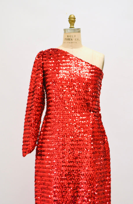 70s Vintage Red Sequin Gown Dress Red Sequin Showgirl One shoulder asymmetrical Dress Small Medium Pageant Jessica Rabbit Princess Costume