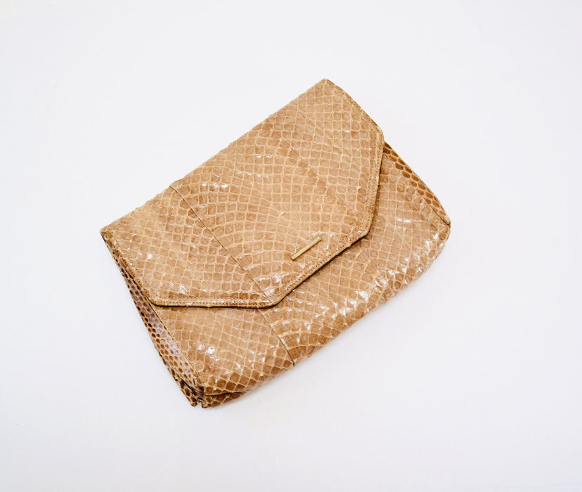80s Vintage Tan Brown Leather Clutch Bag Purse Snakeskin Python// 80s Tan Camel Leather Snake Skin Bag Purse Jay Herbert