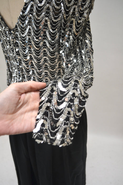 70s 80s Vintage Black Sequin Long Dress by Lillie Rubin Small Medium// Vintage Disco Metallic Silver Gold Black Sequin Dress Evening Gown