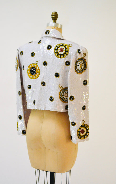 80s 90s Vintage White Sequin Jacket// Vintage White Sequin Boat Party Jacket Stars Nautical Talk of the Walk Casino French Collizioni Modi