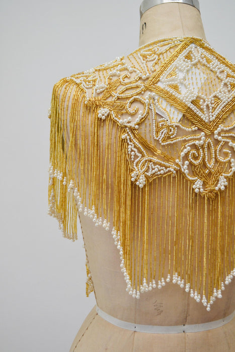 Vintage Gold Beaded Pearl Shawl Wrap Burlesque Wedding Flapper Gold Metallic Beaded Vintage Fringe Collar Shawl GOld White Pearl Sharmark