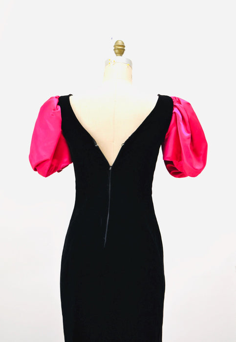 Vintage Black Pink 80s Prom Party Dress // Vintage 80s Party Pink Barbie Costume Dress Small Medium Black Velvet Pink Poof Sleeve Dress