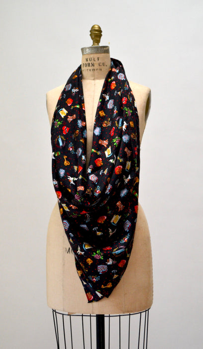 90s Vintage Nicole Miller Black Silk Scarf Love Valentines Day Cupid Bridal Shower Gift // Vintage Large Silk Scarf Wedding Engagement Gift
