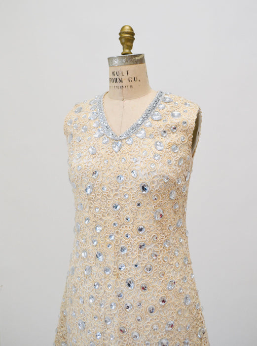 60s 70s Vintage Metallic Cream Lace Rhinestone Dress Small Medium// 60s 70s Vintage White Silver Gold Lace Party Wedding Rhinestone Dress