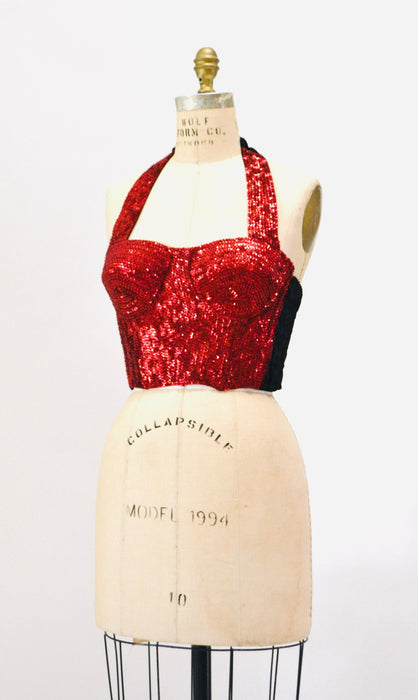 80s 90s Vintage Red Sequin Bustier Crop Top Halter top Size Medium Sequin Red Halter Top Disco Dance 80s 90s Sequin Showgirl Halter TOp