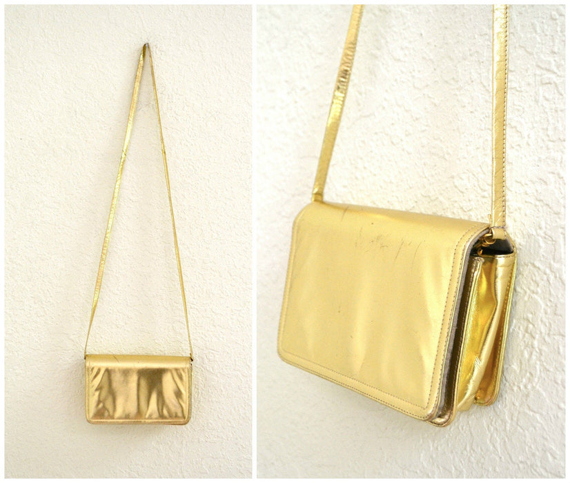 Vintage Gold Leather Clutch Purse Hand Bag// Vintage Metallic Gold Leather Bag Purse Evening Bag