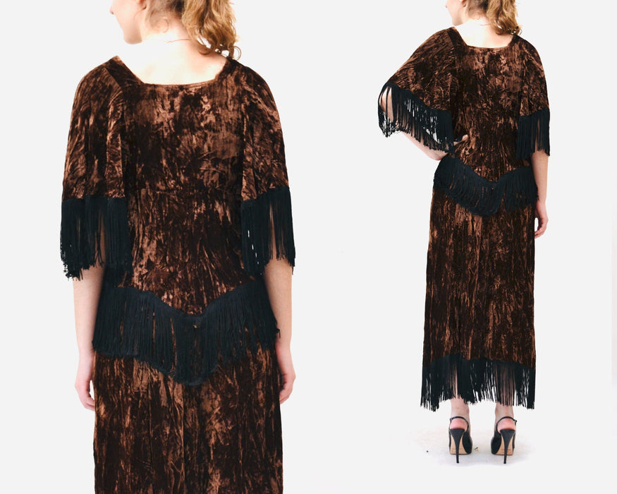 70s AMAZING Vintage Brown Crushed Velvet Fringe Top and Skirt By David Silverman Made in England Fringe 70s Festival Boho Top Skirt Dress