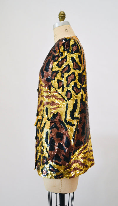 80s 90s Vintage Sequin Jacket Black Small Medium Leopard Cheetah Animal Pattern// 90s Metallic Gold Black Sequin Jacket French Collizioni