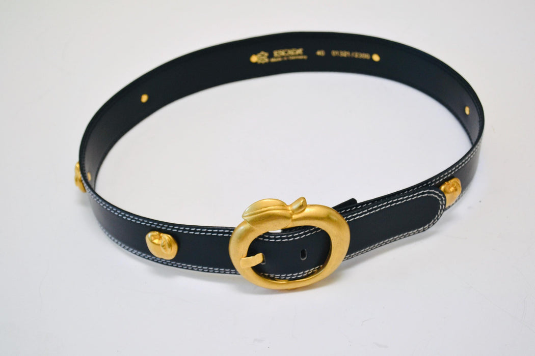 80s 90s Vintage ESCADA Apple Belt Gold Metallic Navy Blue Leather Belt size 40 Medium Large 80s Glam Navy Gold Belt Apple Fruit Teacher