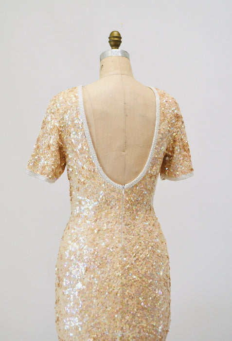 90s Vintage Sequin Dress Cream Off White Sequin Dress Small Medium// 90s Sequin Wedding Party Cocktail Dress Short Sleeve Lillie Rubin