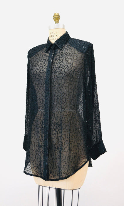 90s Vintage Black Silk Chiffon Beaded Shirt Button Down Black Sheer Silk Top Size Medium Lillie Rubin Sheer Black Long Sleeve Shirt