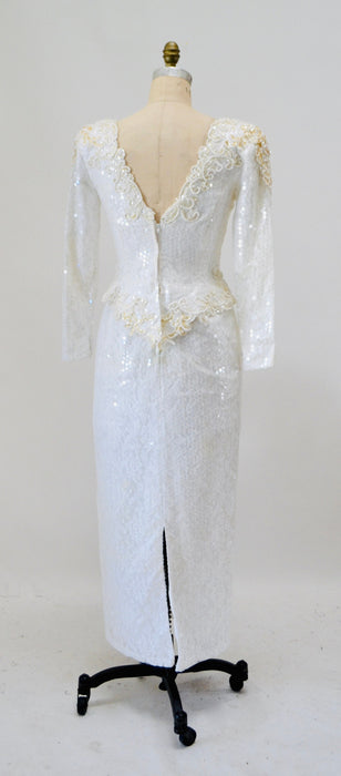 80s 90s Vintage White Lace Sequin Wedding Dress Vintage Conservative Wedding Dress SMALL Medium // Long Sleeve Vintage White Sequin Dress