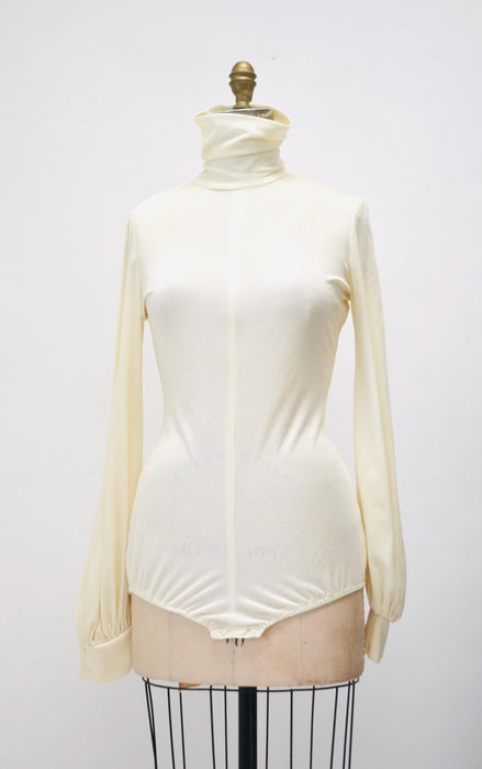 Vintage 70s off White Cream Turtle neck Bodysuit Brief Body Suit Leotard Turtle Neck long sleeve Medium//  Vintage Cream Turtleneck bodysuit