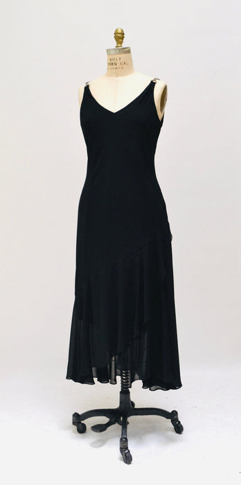 Vintage 00s Y2K Bias Cut Black Dress Black Chiffon Tank Dress Medium Large// 90s Black Tank Slip prom Bias cut Dress Medium Large