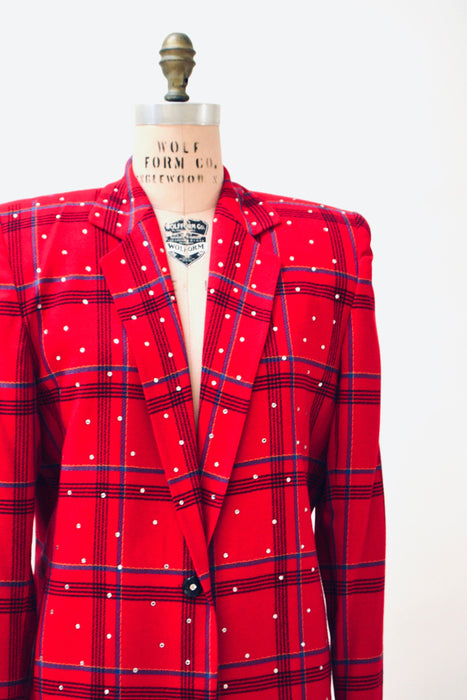90s Vintage Red Plaid Jacket Blazer with Rhinestones Red Plaid Blazer 80s 90s Glam Power Suit Small Medium Criscione Christmas Party Jacket