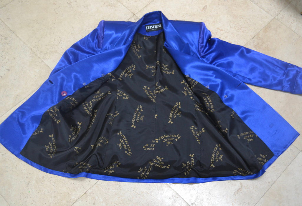 Vintage 80s 90s Cobalt Blue Satin Suit Jacket Blazer 90s Blue Barbie Power Suit Medium Large Rhinestone Buttons// 90s Glam Jacket  Criscione