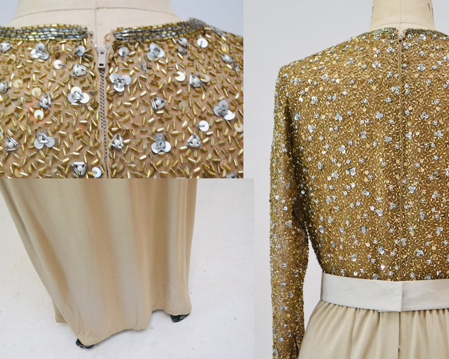 70s 80s Gold Sequin Metallic Dress Gown Wedding Dress 70s Gold Silver Beaded Dress Medium By Claire Pearone// 70s Vintage Beaded Gold Dress