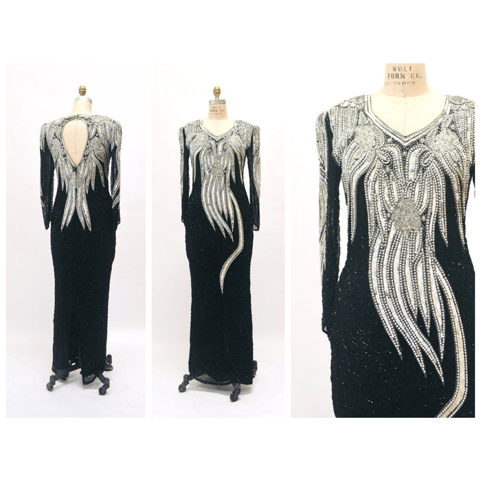 70s 80s GLAM Vintage Black Silver Beaded Sequin Evening Gown Small Medium // 80s 90s Pageant Drag Queen Black beaded Dress Gown Small Medium