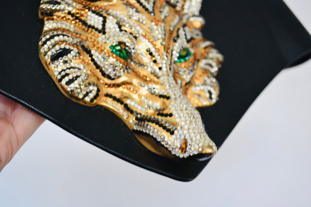 70s 80s Vintage Ermine Beverly Hills Leather and Austrian Crystals FOX Face belt Metallic Gold Rhinestone Belt Small Medium Large 28-33"