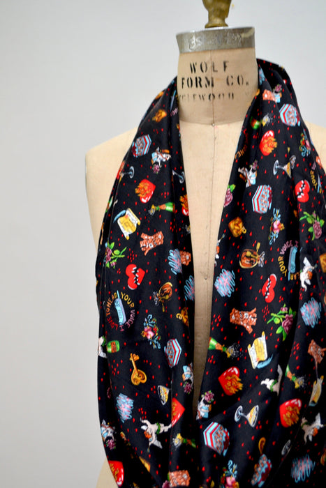 90s Vintage Nicole Miller Black Silk Scarf Love Valentines Day Cupid Bridal Shower Gift // Vintage Large Silk Scarf Wedding Engagement Gift