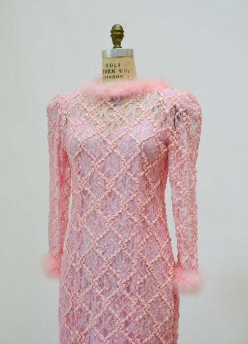 80s Vintage Pink Sequin Feather Dress Gown Pat Richards Medium// 80s 90s Vintage Pink Prom Barbie Bridesmaid Party Dress Gown Pink Princess