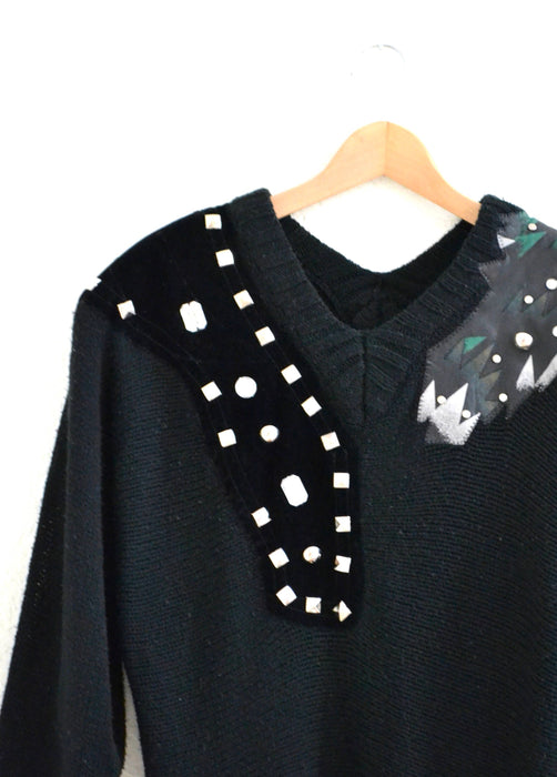 Vintage 80s Black Sweater Metallic studs rhinestones and faux leather SIze Medium Jumper Pull over 80s Glam Black Sweater