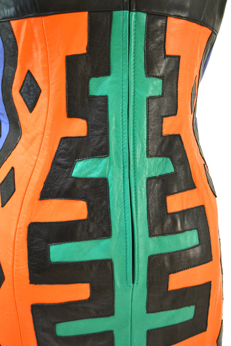 Vintage Leather Dress Black Medium Large Pop Art tribal by Michael Hoban North Beach// 90s Vintage Leather Dress medium Large Patchwork