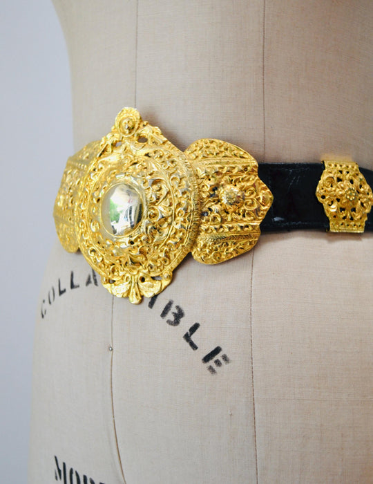 Vintage 70s Roberta di Camerino Italian Black Leather Gold Designer Belt Made In Italy Black Gold Belt Buckle 70s vintage Belt Medium Large