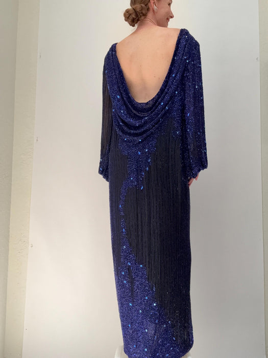 80s 90s Vintage Beaded Sequin Gown Dress Medium Large By Bob Mackie Blue Black Rhinestones Long Sleeve Blue Beaded Conservative Draped Gown