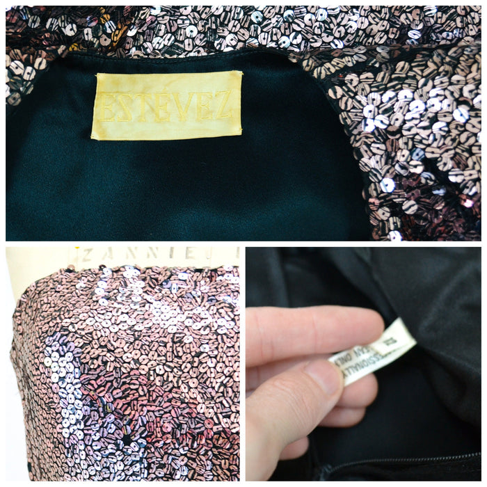70s Vintage Pink Black Sequin Gown Dress Sequin Jacket By Estevez Strapless Sequin Dress Gown Pink Sequin Jacket Disco Party Medium