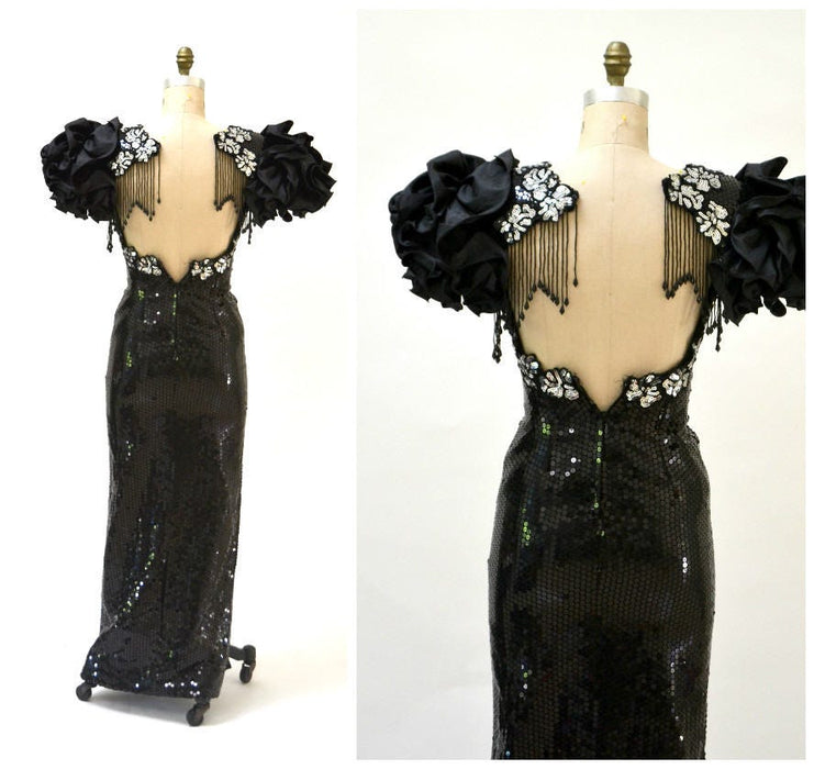 80s Vintage Black Prom Dress Sequin Dress Evening Gown 80s Small Medium// 80s Pageant Dress Black Sequins Fringe Drag Queen Alyce Designs