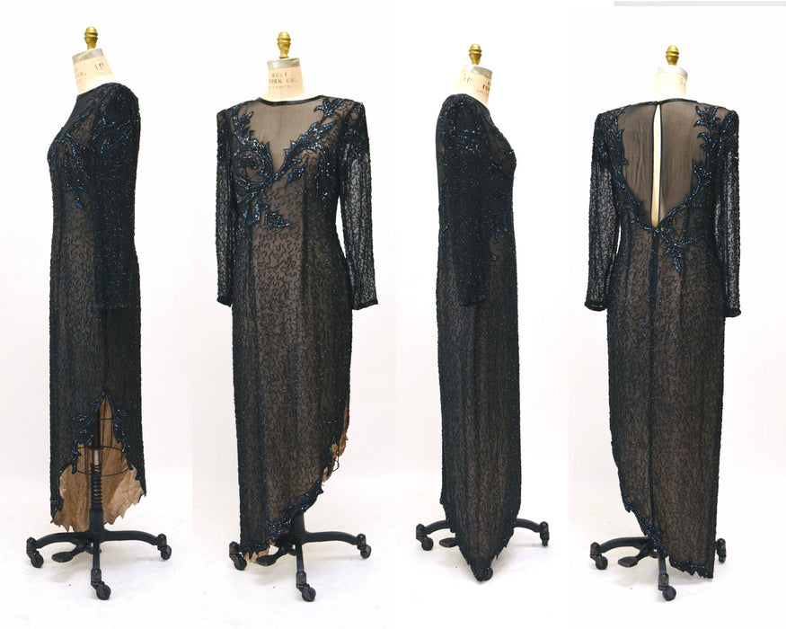 90s Vintage Black Beaded Sequin Party Dress Medium Large// 80s 90s Pageant Formal Black beaded Dress long sleeves Large Silk LIllie Rubin