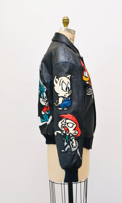 80s 90s Vintage Tiny Toons Adventures Leather Jacket Looney Tunes Cartoon Large Montana Toons Leather Jacket Warner Bros Taz Bugs Bunny