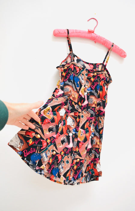 90s BARBIE Print Tank Dress Nicole Miller XS womens Girls Tween 10/12 // Vintage Barbie Doll Print Mini Cami Dress 90s Pop Art Fashion Print