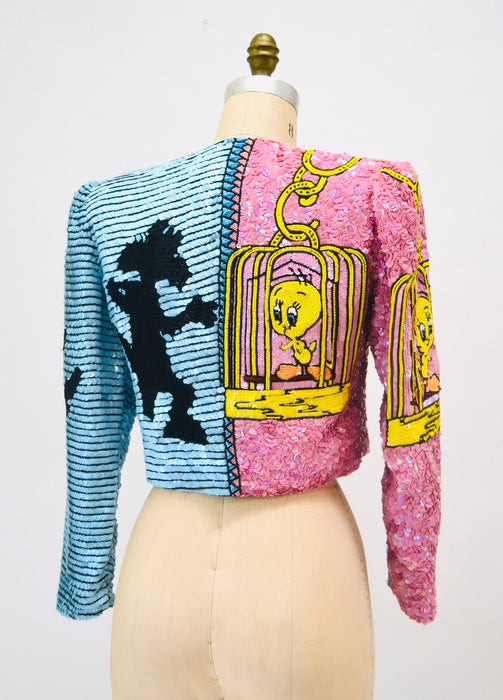 90s Vintage Jeanette Kastenberg Platinum Sequin Jacket Looney Tunes Warner Brothers Cartoon Beaded Jacket Small Tweety Bird and Sylvester