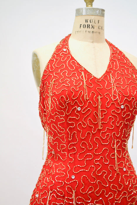 Stunning 80s 90s Vintage Red Beaded Dress Medium Large// 80s 90s Red Beaded Fringe Pageant Dress Halter Neck Showgirl Red Silk Chiffon Dress