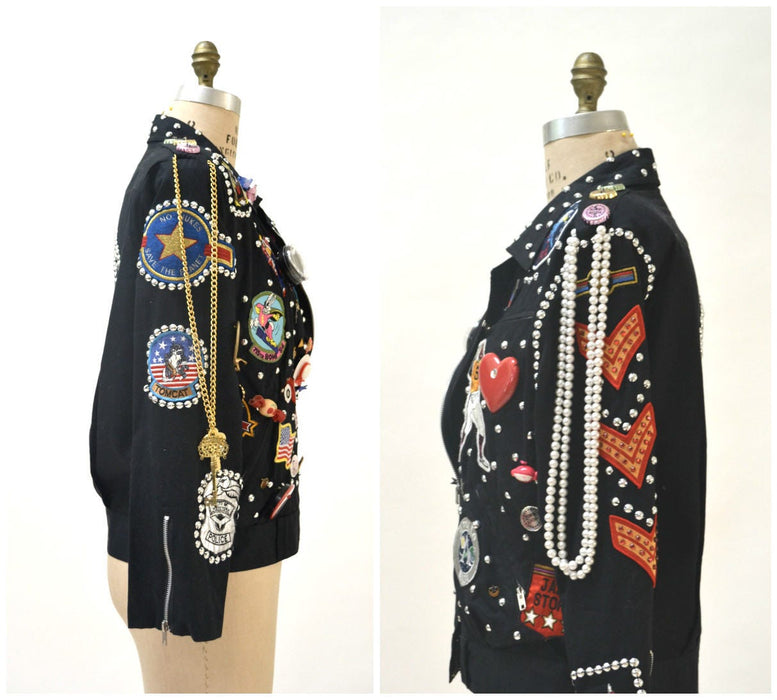 90s Vintage Patch Jacket Studded Metallic Pin Button Jacket Hearts Peace Sign Bonnie Boerer Pop art American USA football Flag Heart Jacket