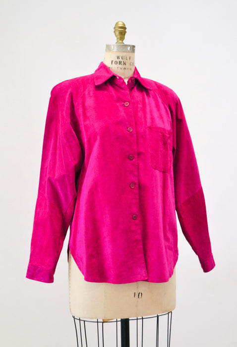 Vintage 90s Bright Pink Leather Shirt Button Down Sueded Leather Shirt Long Sleeve Top Leather Blouse Top Large 90s Pink Fuchsia Suede Shirt