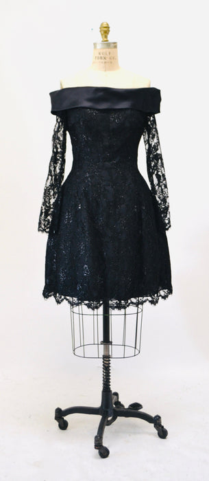 90s 00s Vintage Black Lace Dress off the shoulder Dress by Liancarlo// Black lace Dress XS Small Neiman Marcus