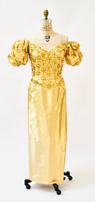 Gold Metallic 80's Prom Dress Evening Gown Medium Large// 80s Vintage Gold Drag Queen Pageant Dress Evening Gown Mike Benet Medium Large