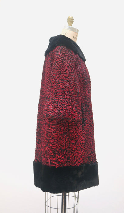 50s 60s Vintage Red Black Persian Lamb and Black Beaver Fur Coat Jacket Red Broadtail Fur Jacket Medium Paul Kossoff Fifth Avenue New york