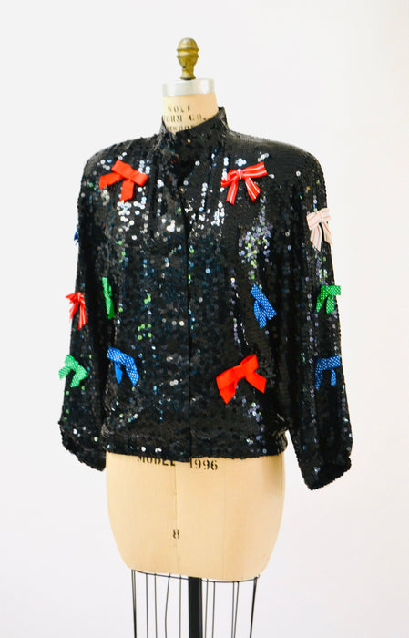 Vintage Black Sequin Jacket With Bows Ribbons 80s 90s Pop art Sequin Jacket Red Blue White Green Metallic Sequin Jacket Medium